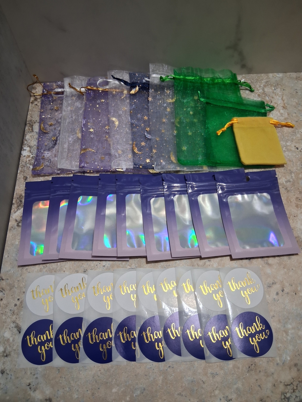 Party Favor Pouch and Holographic Bag Set - Purple, Green, Gold (27 Items)